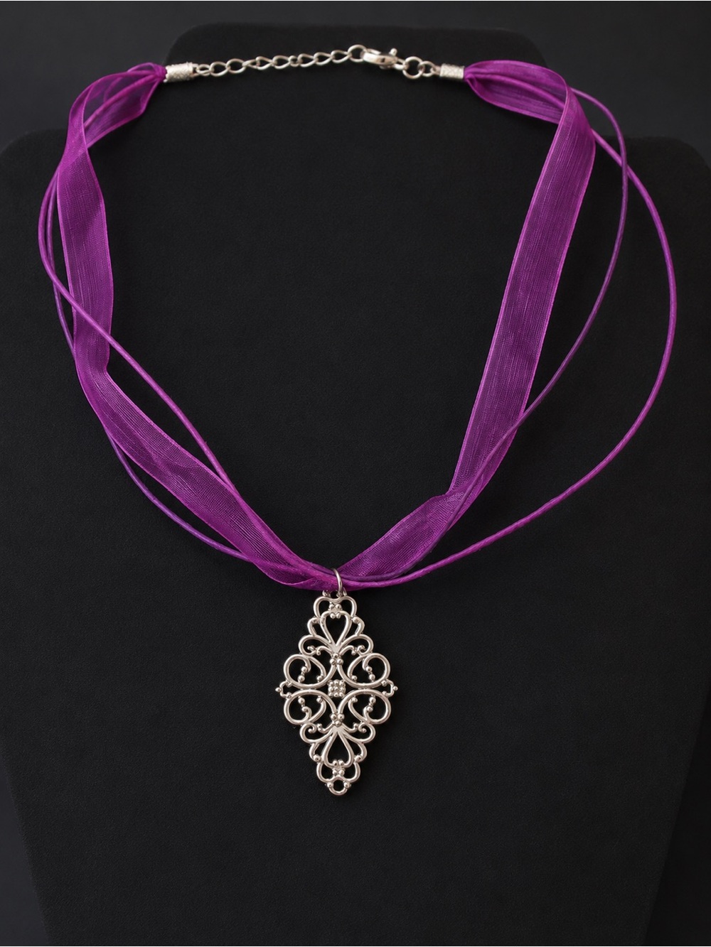 Purple Organza Multi-Strand Necklace with Silver Filigree Pendant
